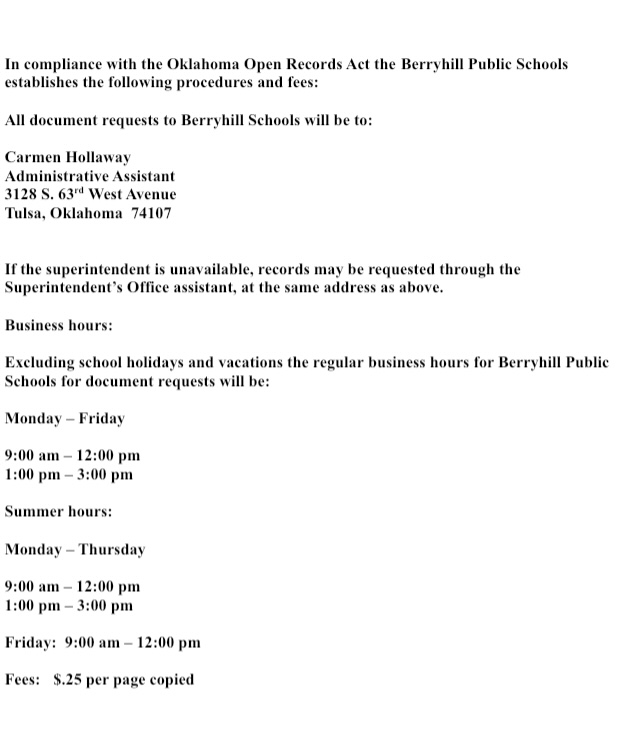 Berryhill Public Schools Oklahoma Open Records Request